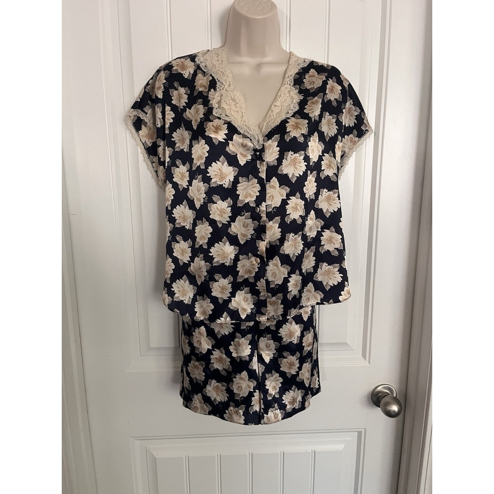 Vtg Barbizon 2-Piece Womens Sleepwear Pajama Floral Navy Med shorts Silky 207